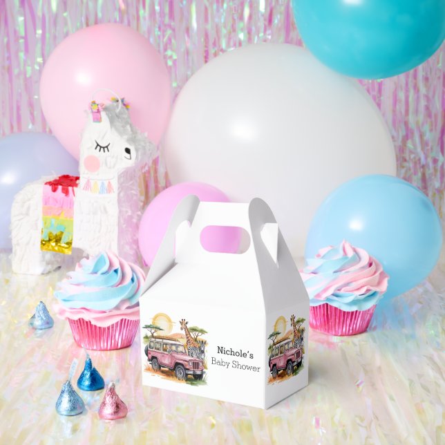 Caja Para Regalos Camión rosa con animales de Safari Baby Shower (Fiesta)