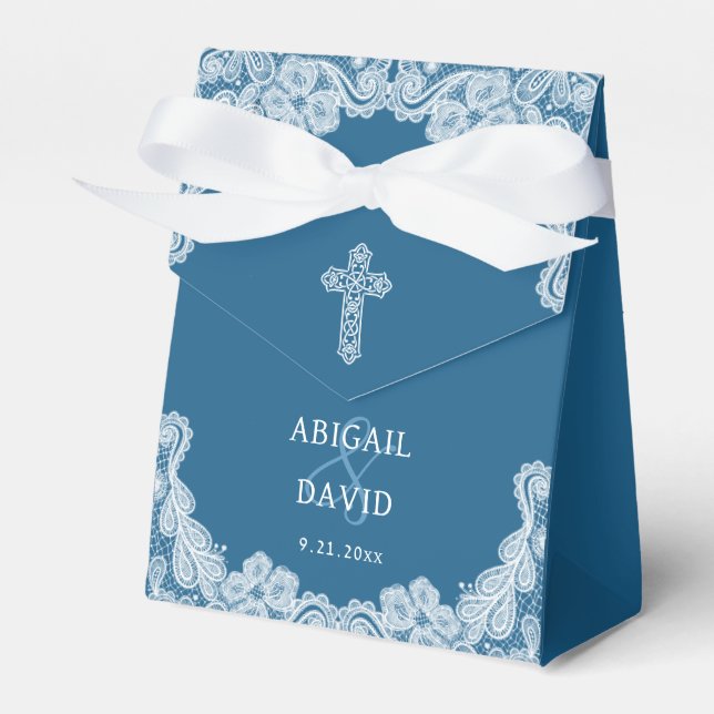 Caja Para Regalos Cara blanca en carpa de Boda religioso azul (Front Side)