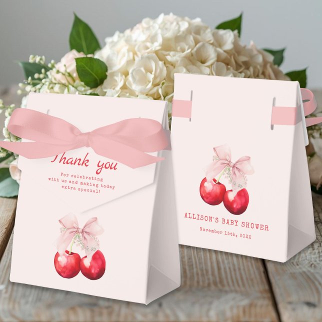 Caja Para Regalos Cherry en Baby Shower de Bow Rosado superior (Cherry on top Pink Bow Baby Shower Favor Gift Boxes)