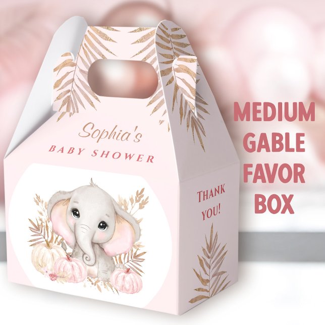 Caja Para Regalos Chica de caída Baby Shower medio rosado (Fall Elephant Medium Gable Favor Boxes - You can choose from 3 sizes of these gable favor boxes)