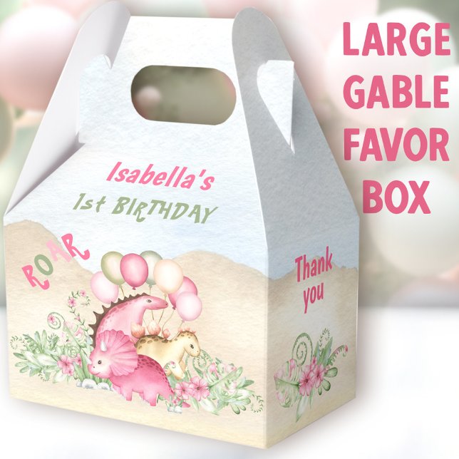 Caja Para Regalos Chica de dinosaurios Pastel Pink Green Birday Larg (Dinosaur Girl Large Gable Favor Boxes - You can choose from 3 sizes of these gable favor boxes)