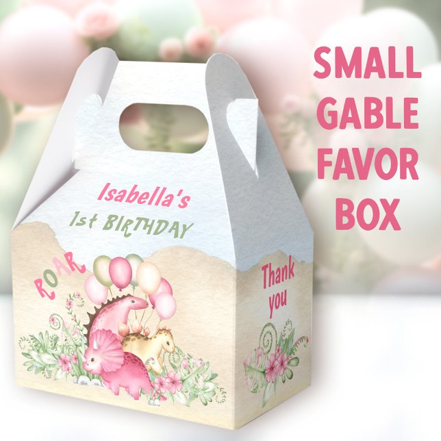 Caja Para Regalos Chica de Dinosaurios Pastel Pink Green Primer cump (Dinosaur Girl Small Gable Favor Boxes - You can choose from 3 sizes of these gable favor boxes)