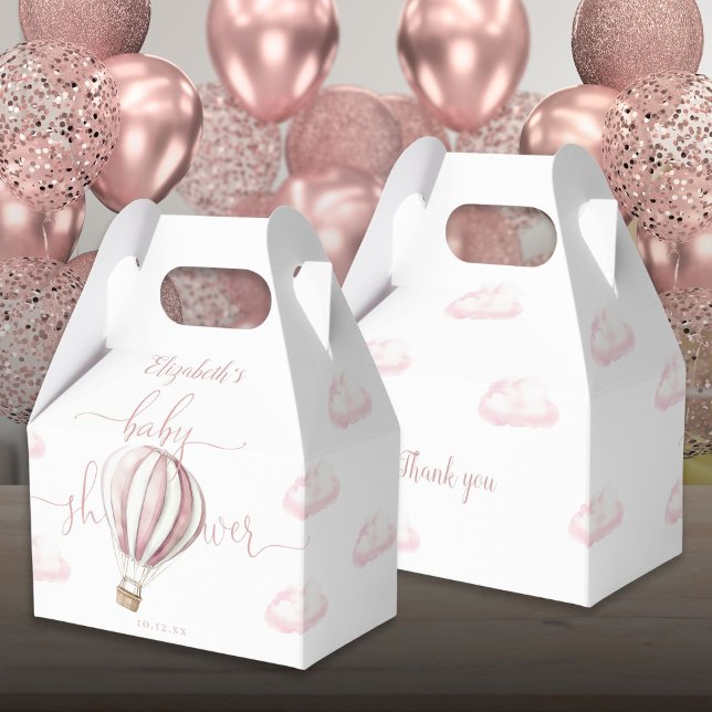 Caja Para Regalos Chica de globo de aire caliente rosa lindo Baby Sh (Cute Pink Hot Air Balloon Girl Baby Shower Favor Boxes)