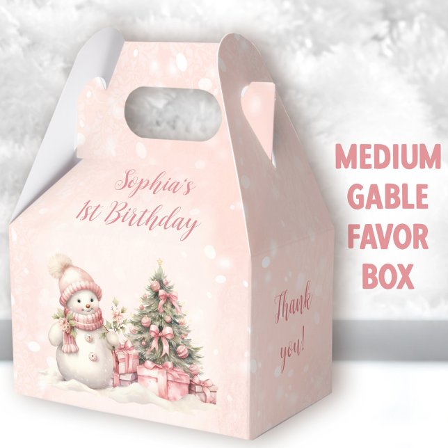 Caja Para Regalos Chica de nieve Navidades rosados primer cumpleaños (Snowman Birthday Medium Gable Favor Boxes - You can choose from 3 sizes of these gable favor boxes)