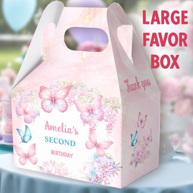Caja Para Regalos Chica de verano con flor de mariposa rosa Cumpleañ (Butterfly large favor boxes. You can choose from 3 sizes of these gable favor boxes.)