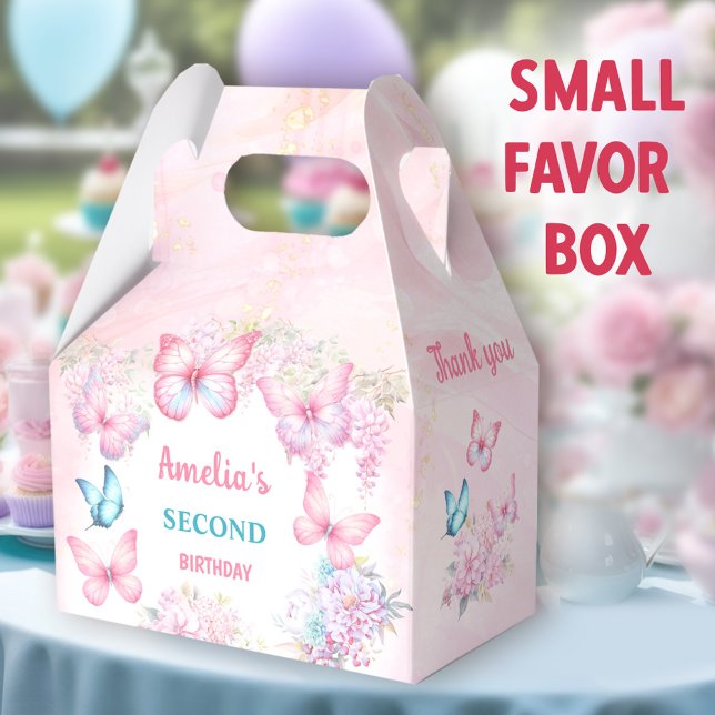 Caja Para Regalos Chica de verano floral de mariposa rosa cumpleaños (Butterfly small favor boxes. You can choose from 3 sizes of these gable favor boxes.)