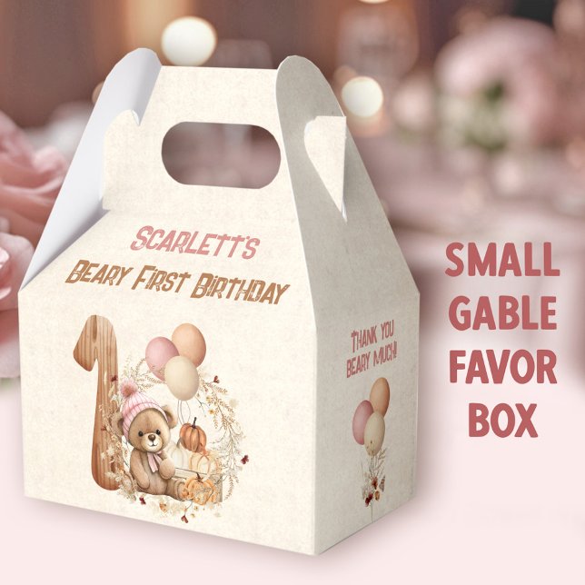 Caja Para Regalos Chica del Oso Otoño Primer Cumpleaños Gable (Fall Bear Girl Small Gable Favor Boxes - You can choose from 3 sizes of these gable favor boxes)