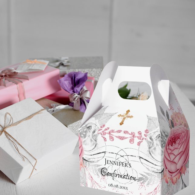 Caja Para Regalos Chica moderno plateado floral rosa de confirmación (Subido por el creador)