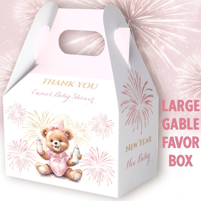 Caja Para Regalos Chica rosa de Año Nuevo Baby Shower Grande Gable (New Year Pink Bear Large Gable Favor Box -  You can choose from 3 sizes of these gable favor boxes)