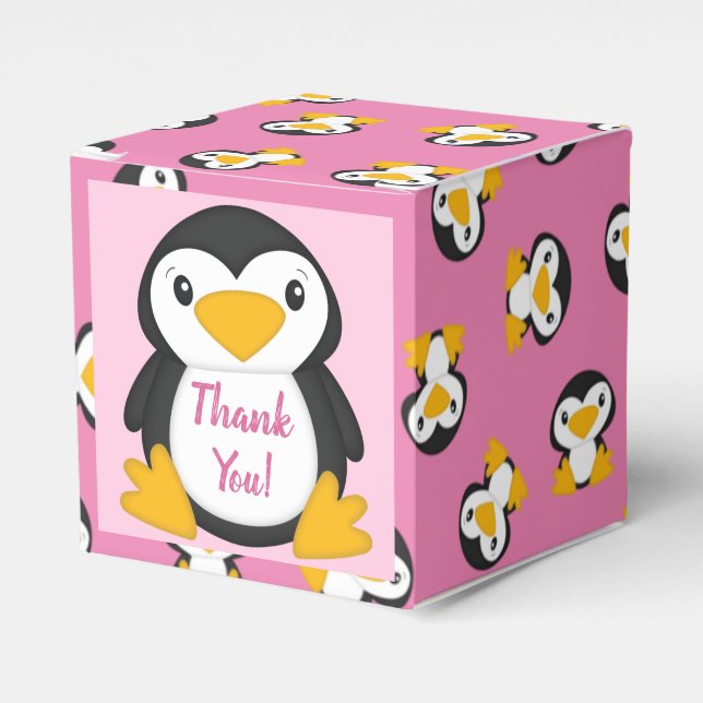 Caja Para Regalos Chica rosa de Baby Shower pingüino (Costado Anverso)