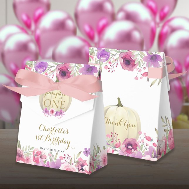 Caja Para Regalos Chicas 1er cumpleaños Pequeña Calabaza Floral Rosa (Girls 1st Birthday Little Pumpkin Pink Floral Favor Boxes)