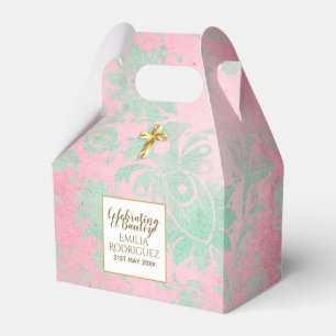 Caja Para Regalos Chicas Bautizo Mint Pink Green Damask Gold Cross