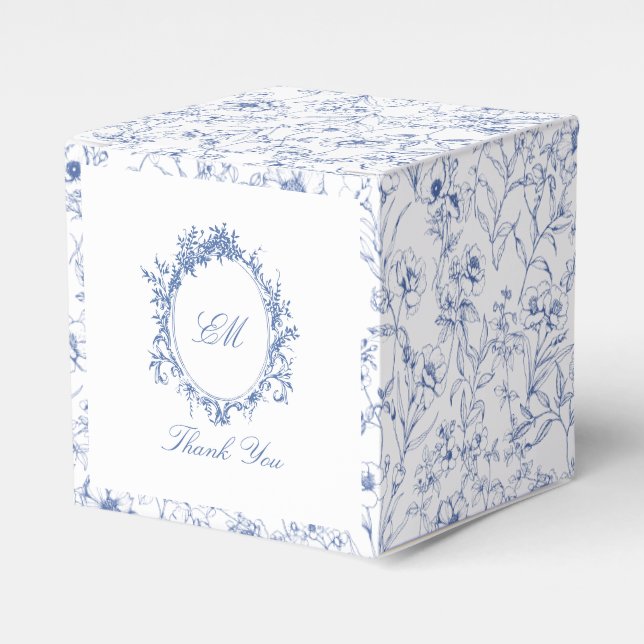 Caja Para Regalos Chinoiserie Blue Toile Floral Escudo Boda (Costado Anverso)