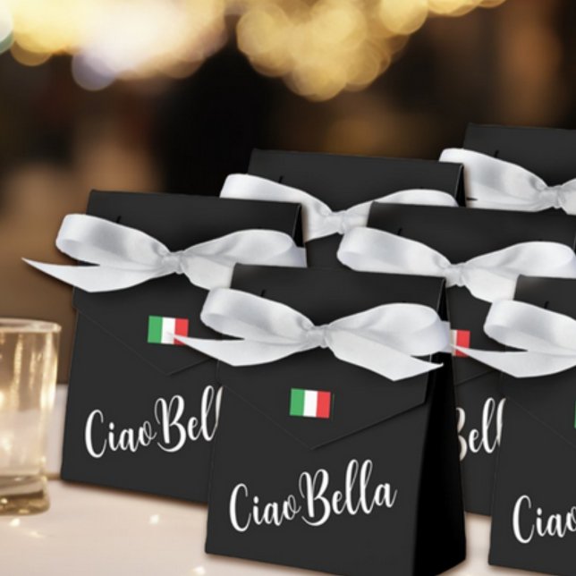 Caja Para Regalos Ciao Bella Italiano Elegante Script Negro (Ciao Bella Black Favor Box with Custom Wording on Back for Bridal Showers, Spa, Bachelorette Party)