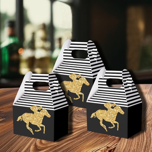 Caja Para Regalos Cinturón de carreras de purpurina dorada falsa cab (Gold racehorse Derby party favor boxes are 4"w x 2.5"l x 5"h, ship flat, simple assembly required.)
