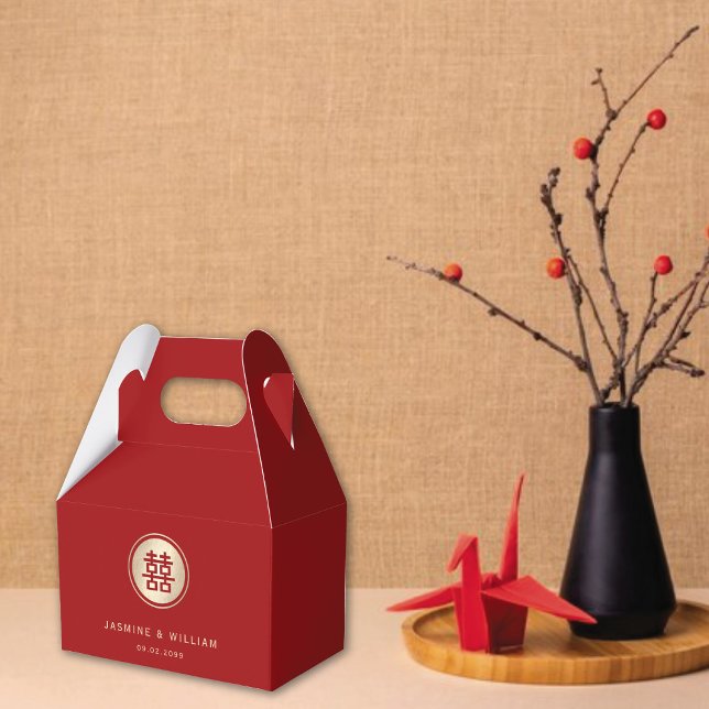 Caja Para Regalos Círculo dorado doble Moda de felicidad Boda chino (Red/Gold Classic Circle Double Happiness Chinese Wedding Party Favor Box @ fatfatin_red_knot)