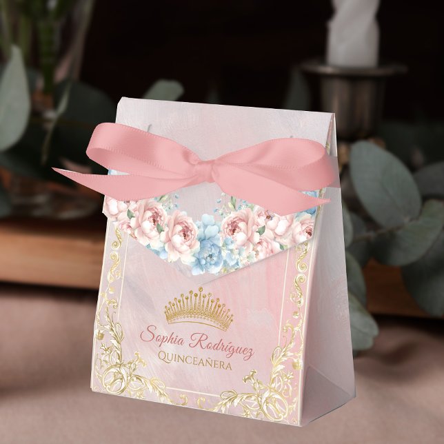 Caja Para Regalos Clásica Crown Floral Rosa Quinceanera Favor Box (Classy Crown Floral Pink Quinceanera Favor Box)