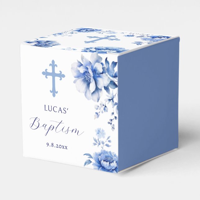 Caja Para Regalos Clásico de Bautismo de Flores Azules (Costado Anverso)