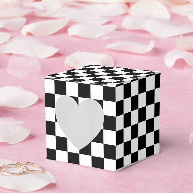 Caja Para Regalos Classic Black with White Square Pattern Heart (Boda)