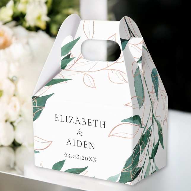 Caja Para Regalos Colección de Bodas de Leafy Verde Blanco (Personalized White Green Leafy Wedding Favor Boxes with your Name & Date.)