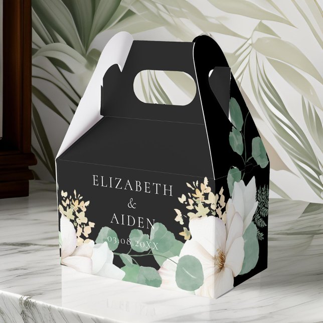 Caja Para Regalos Colección de Bodas florales de Eucalyptus (Eucalyptus Floral Wedding Collection Favor Boxes,black, white. With your name and date)