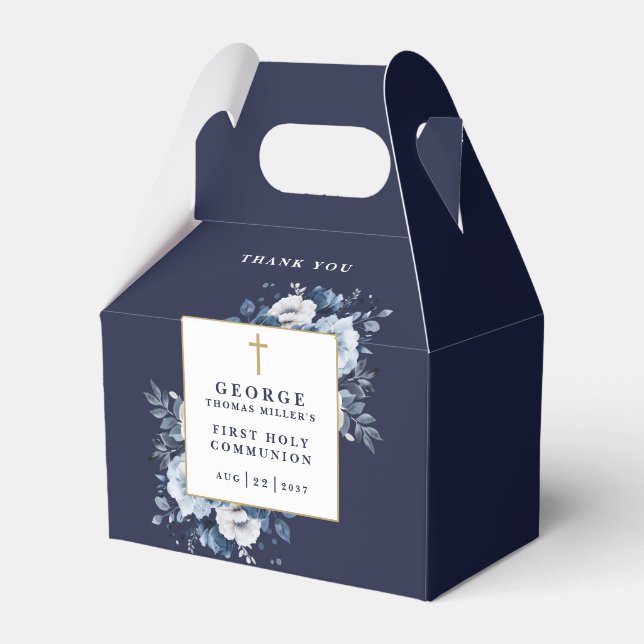 Caja Para Regalos Comunión de la flor azul de la marina Boho (Reverso)