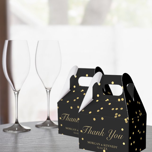 Caja Para Regalos Confetti negro y oro elegante gracias Boda (Elegant black and gold favor boxes with space for your name and initials)