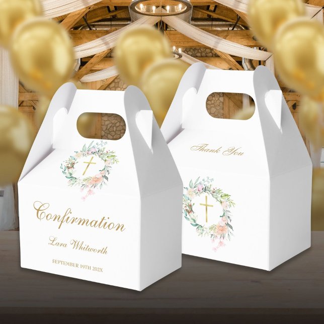 Caja Para Regalos Confirmación del guión acuático floral Gold (Watercolor Floral Gold Script Confirmation Favor Boxes)