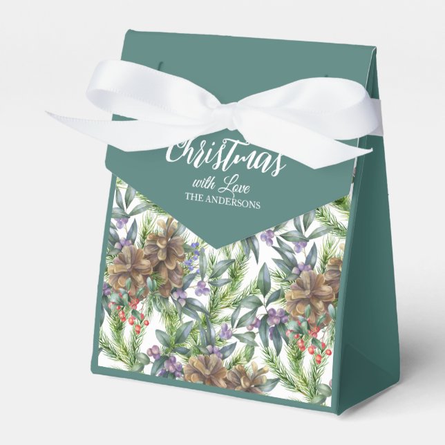 Caja Para Regalos Conos de pino Feliz Navidad acuarela verde blanco (Front Side)