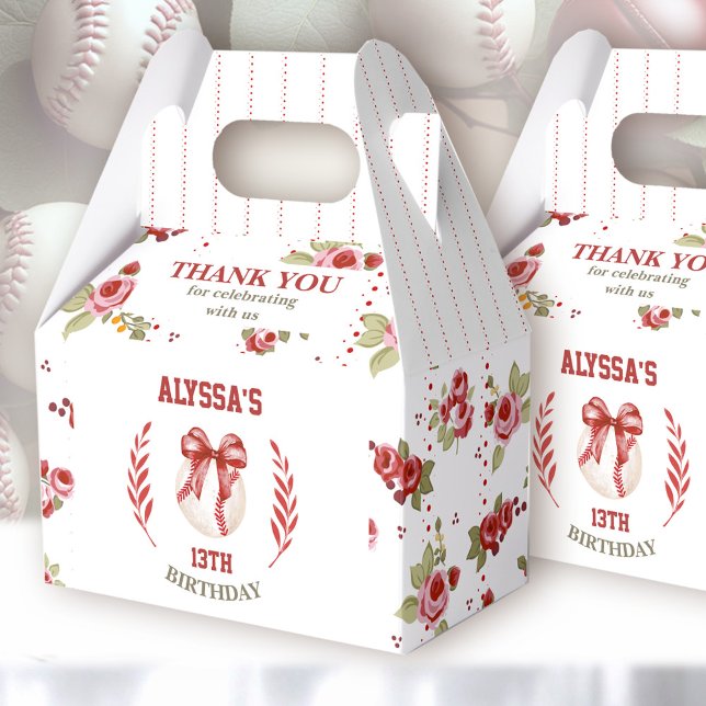 Caja Para Regalos Coquette Baseball Red Bow Floral Moderno Cumpleaño (Coquette Baseball Modern Favor Boxs - You can choose from 3 sizes by clicking on the STYLE dropbox)