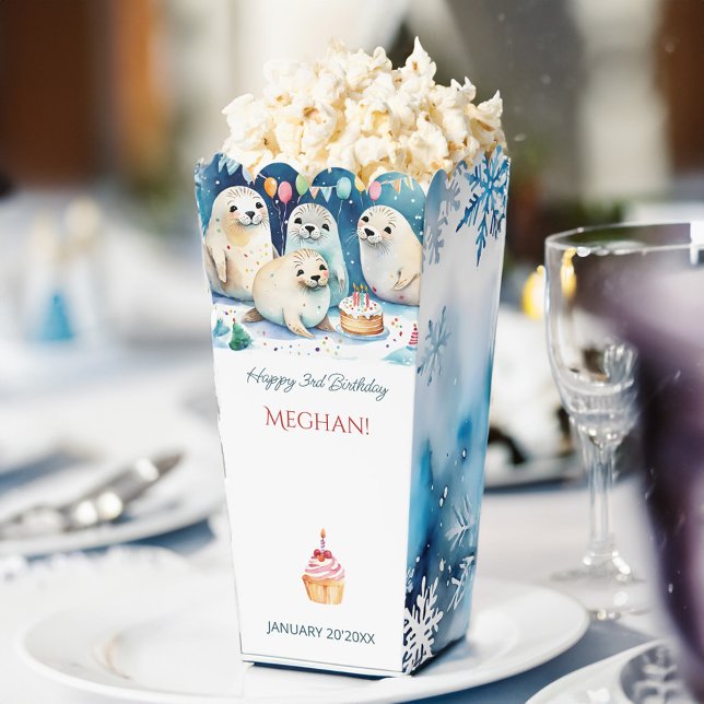 Caja Para Regalos Corona personalizada de cumpleaños de invierno de  (Arctic seal winter birthday party personalized popcorn favor boxes winter wonderland party supplies)