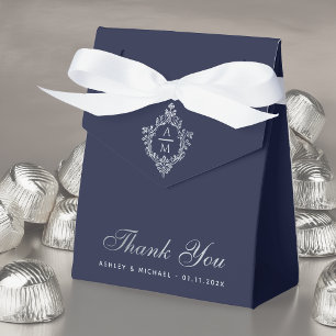 Caja Para Regalos Crest de boda azul marino Monograma vintage Gracia