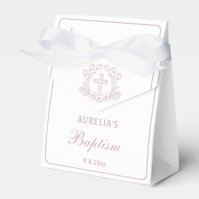 Caja Para Regalos Cruce floral rosa simple bautismo Pequeña carpa (Front Side)