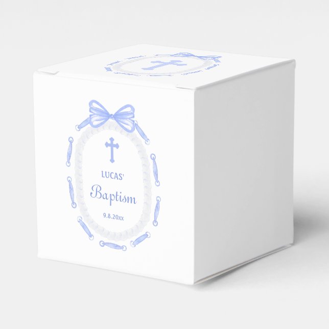 Caja Para Regalos Cubo De Baptismo De Marco De Cinta Azul Bow (Costado Anverso)