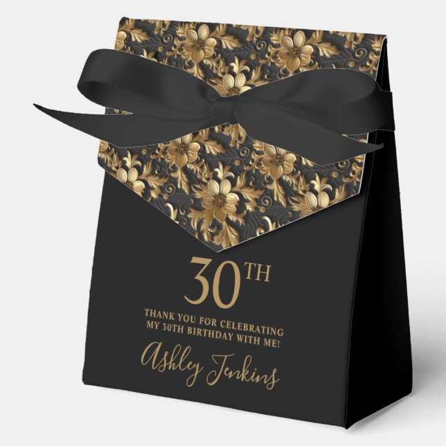 Caja Para Regalos Cumpleaños 30 dorado floral agradecimiento  (Anverso)