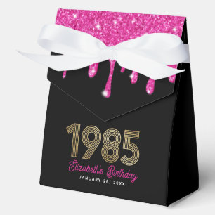 Caja Para Regalos Cumpleaños 40 Glitter Rosa Drip Falso Oro 1985