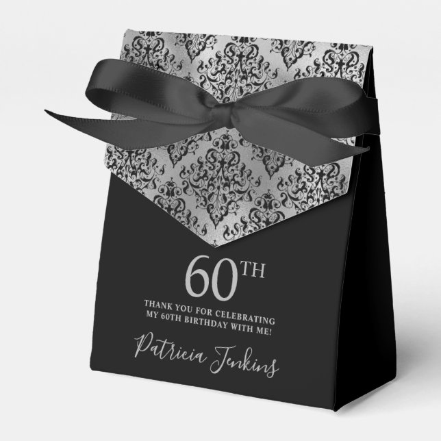 Caja Para Regalos Cumpleaños 60 Cumpleaños Plata Damask Gracias (Front Side)
