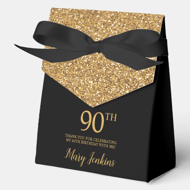Caja Para Regalos Cumpleaños 90 dorado Brillante Agradecimiento (Anverso)