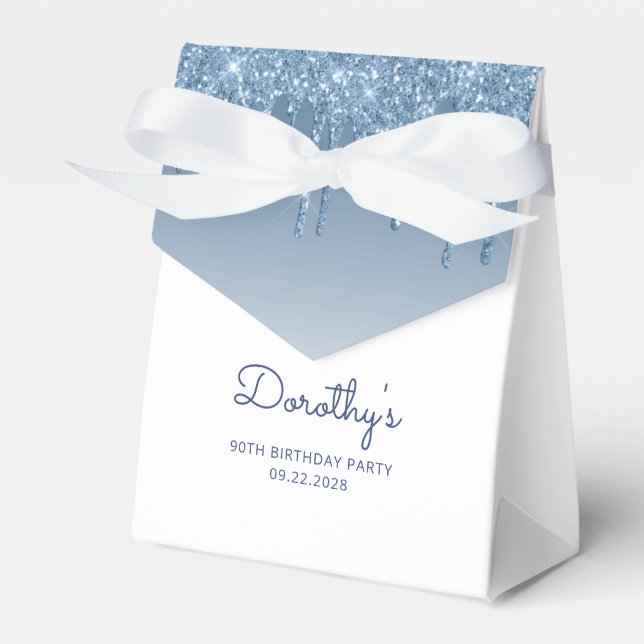 Caja Para Regalos Cumpleaños 90 Elegante Glitter Azul Goteo Script (Front Side)