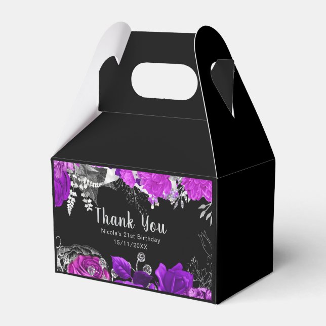 Caja Para Regalos Cumpleaños de flores moradas y plateadas elegantes (Front Side)