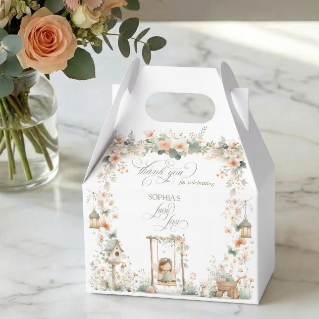 Caja Para Regalos Cumpleaños de la Primera Hada Chica (thank you elegant floral garden fairy first birthday party personalized favor box)