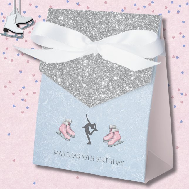 Caja Para Regalos Cumpleaños de Patinadora Artística con Brillo Plat (Elegant Ice Skater Favor Boxes with Silver Glitter and Icy Blue accents)