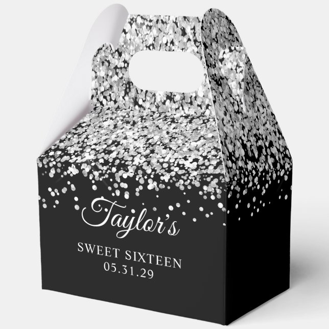 Caja Para Regalos Cumpleaños Dieciséis Negro Brillo Plateado (Anverso)
