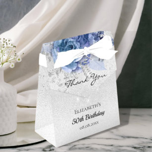 Caja Para Regalos Cumpleaños flores azules de plata purpurina gracia