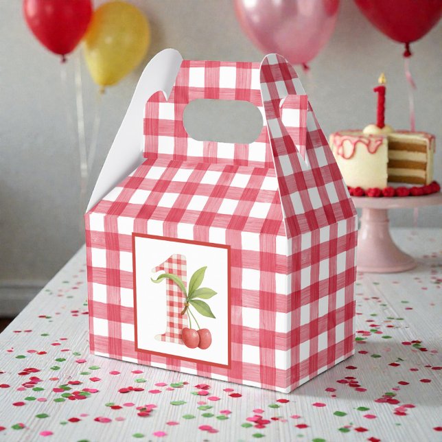 Caja Para Regalos Cumpleaños primero rojo gingham de cereza del bebé (Subido por el creador)