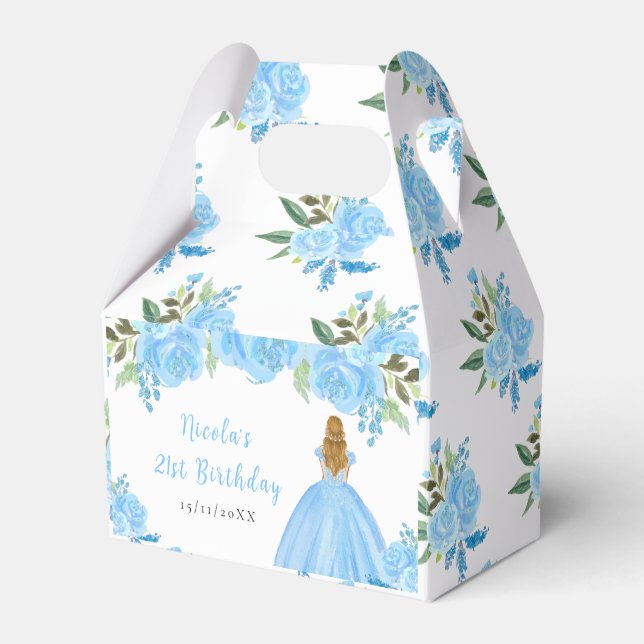 Caja Para Regalos Cumpleaños Princesa Cabello Rubio Floral Azul (Front Side)