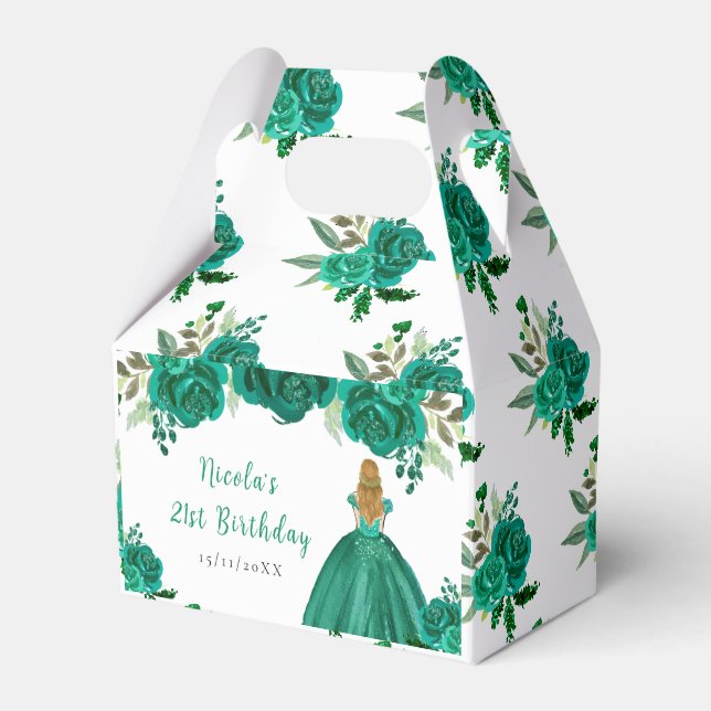 Caja Para Regalos Cumpleaños Princesa Cabello Rubio Floral Verde (Front Side)
