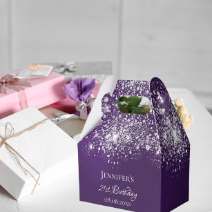 Caja Para Regalos Cumpleaños púrpura plata purpurina nombre gracias