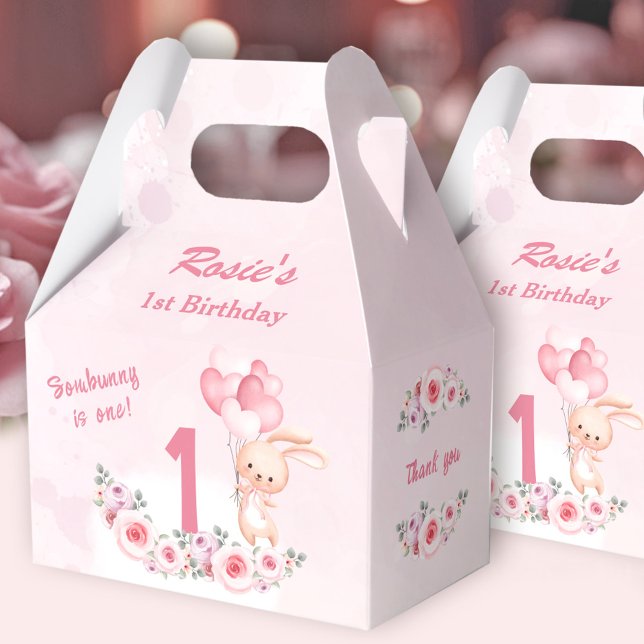 Caja Para Regalos Cunte Bunny Pink Primer Chica de cumpleaños Primav (Cute Bunny Pink 1st Birthday Girl Floral Spring Favor Boxes)