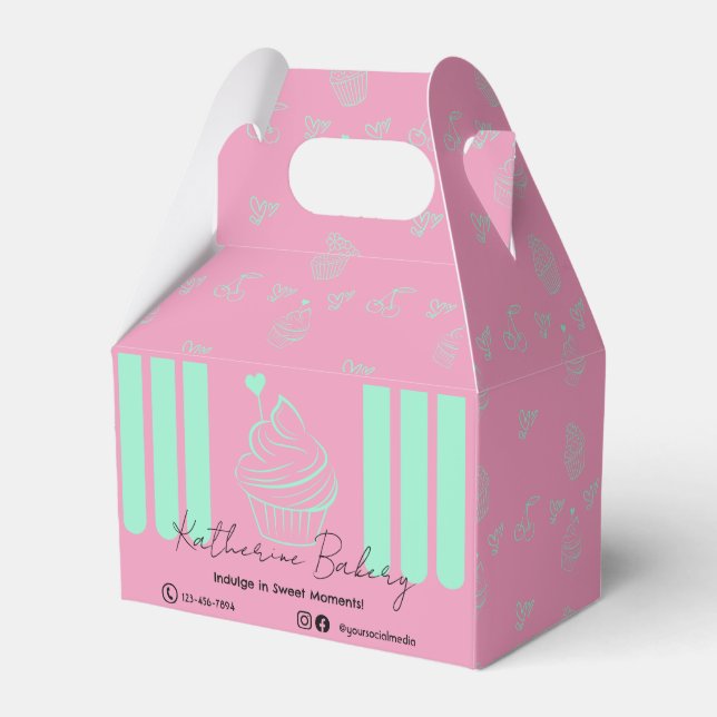 Caja Para Regalos Cupcake Strips Pink Mint Bakery Business (Front Side)
